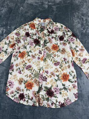Only Necessities Womens Cream Floral Button-Down Long Sleeve Shirt Large